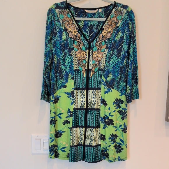 Soft Surroundings Tops - Soft Surroundings Marilla Tunic Top Green Blue Floral Beaded Size Large
